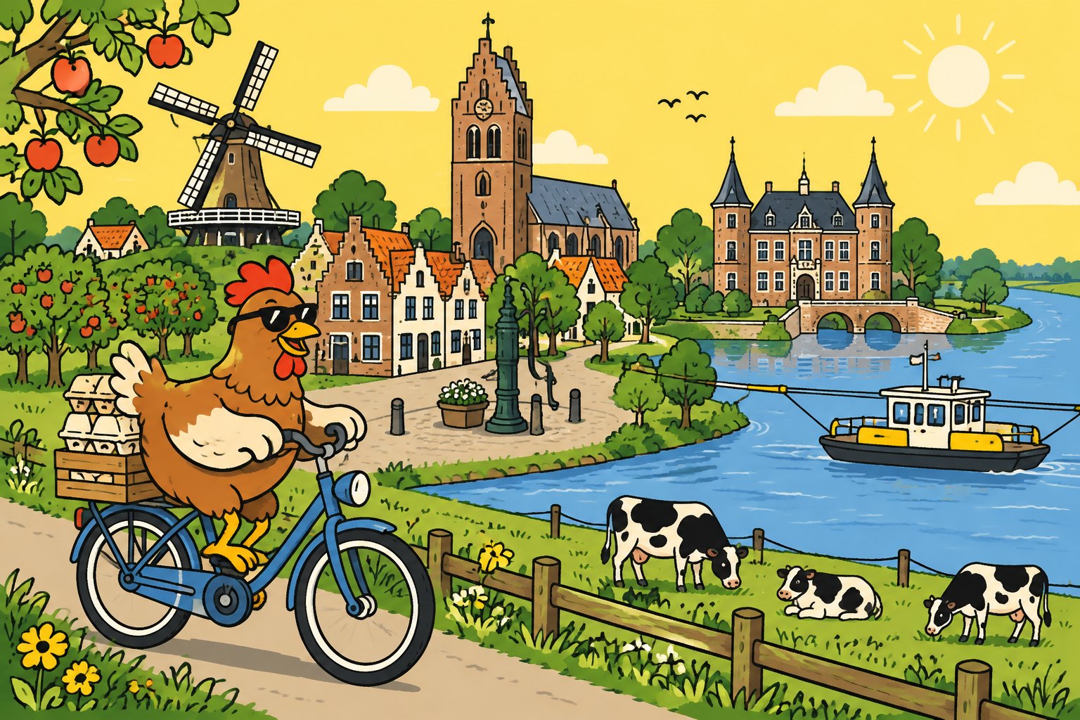 Tekening van Wijhe met de molen, de kerk, een kasteel aan de gracht, de IJssel met het veer, koeien en een kip op de fiets met eierdoosjes